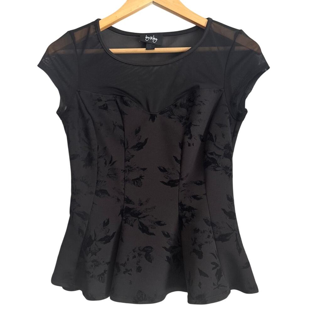 Y2K Black Mesh Velvet Burnout Peplum Top Small Sheer Short Sleeve 2010s Chic
